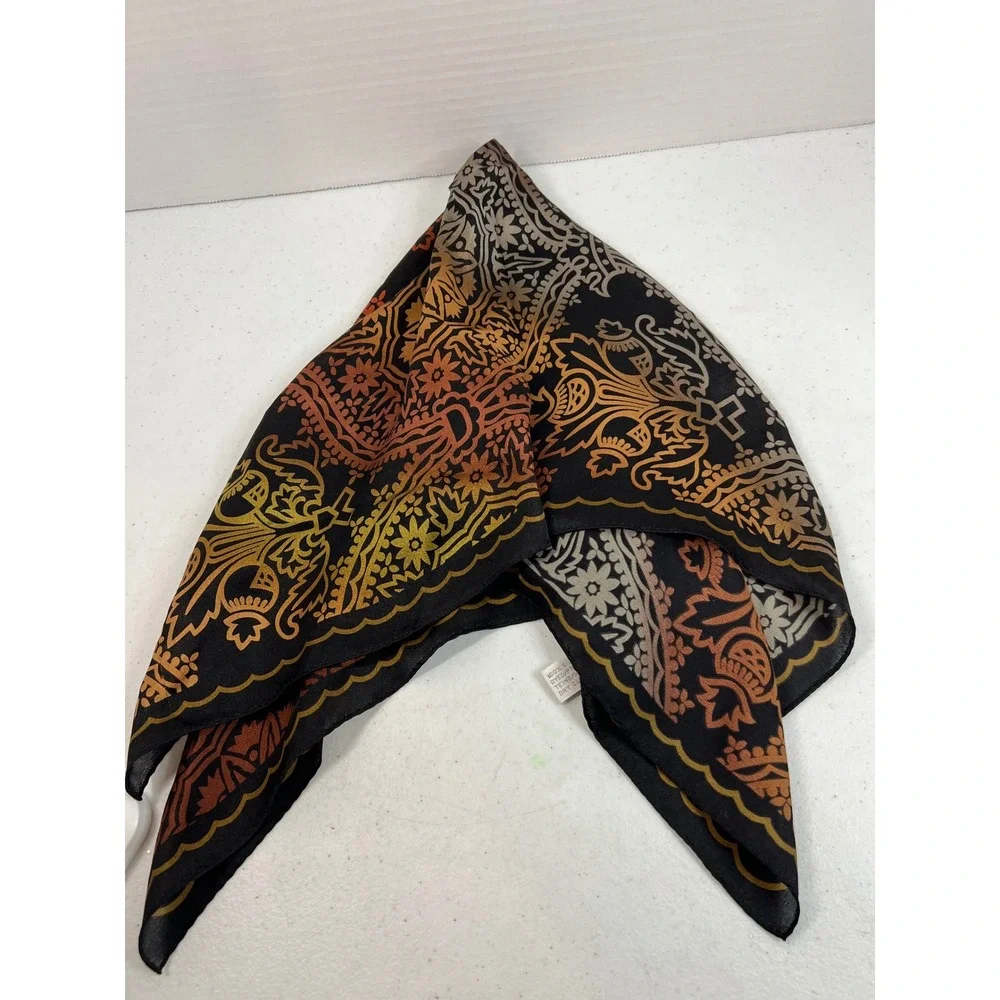 Jones New York Silk Scarf Black Orange Gold Medallion Paisley Square Neckerchief